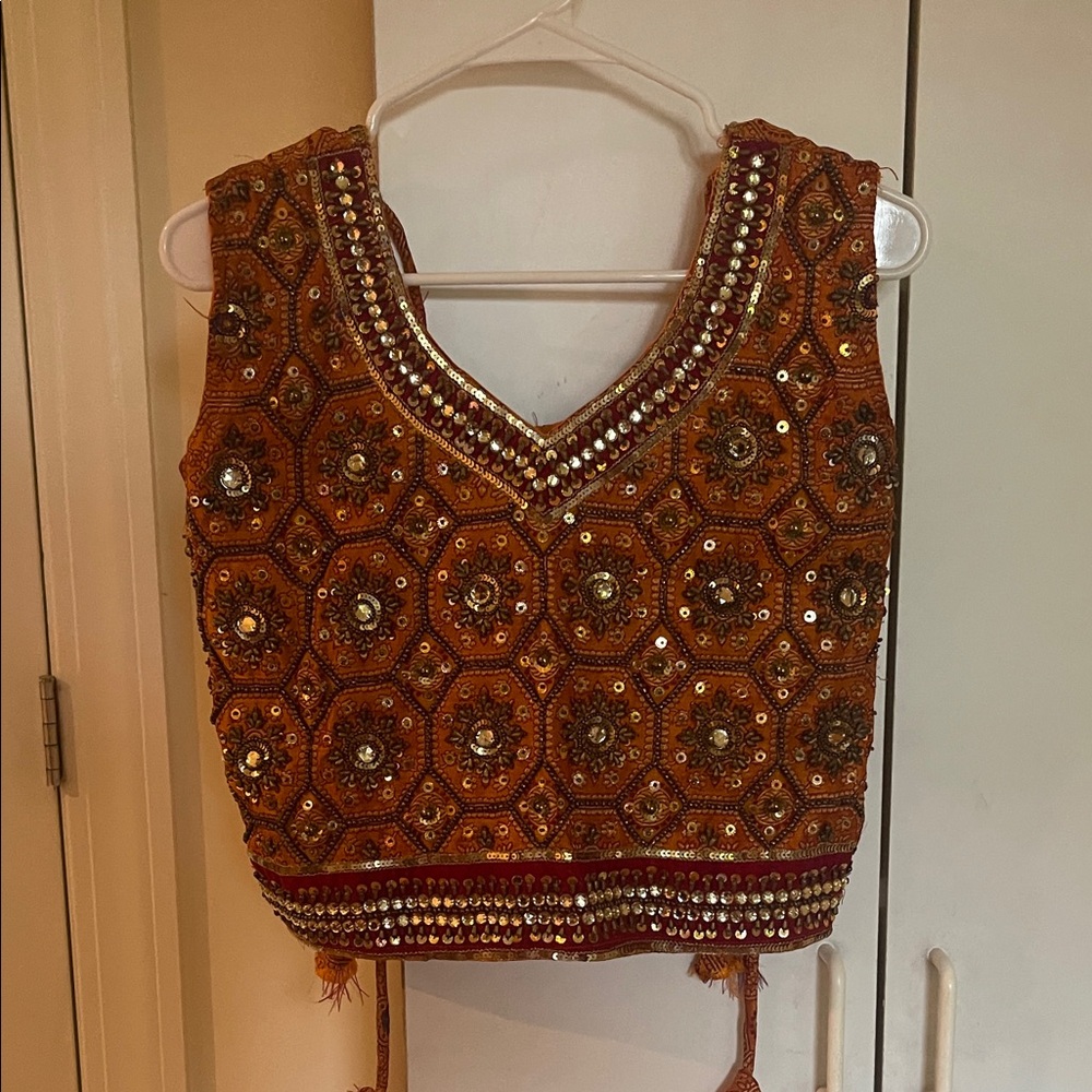 Embellished Orange Sleeveless lehenga set - 3 piece
